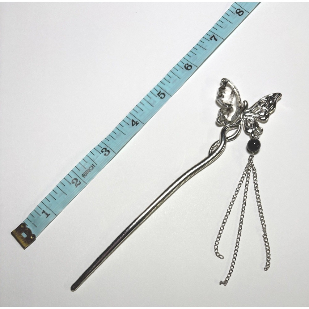 NEW Butterfly Hair Stick Women Silver Tassel Chain Bead Accessory - Picture 3 of 5